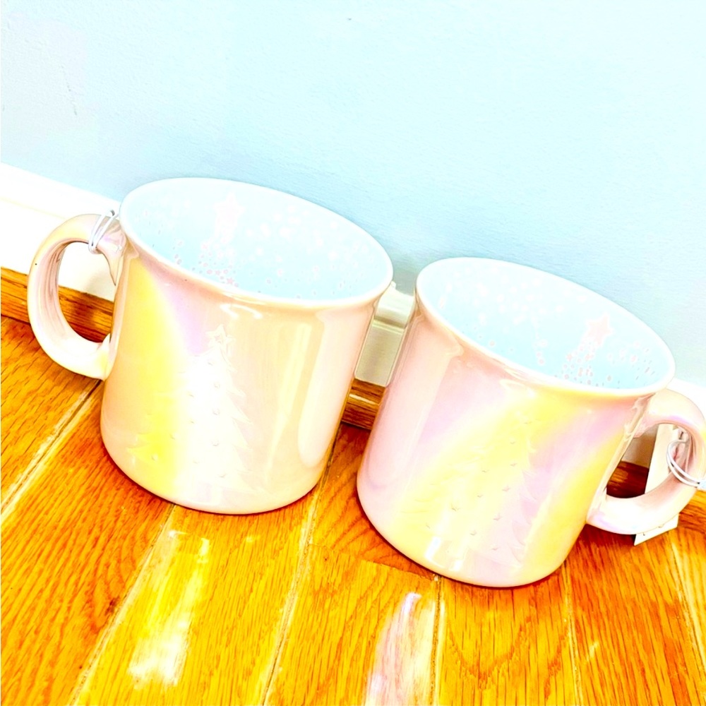 New Pink holographic double sided Christmas tree mug set of 2